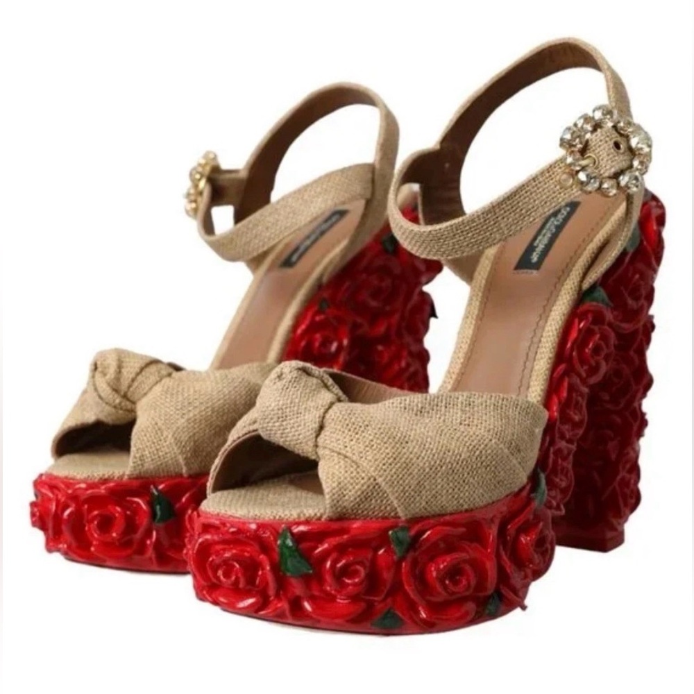 Dolce & Gabbana Red Rose Crystal Platform Sandals – Size 38 (US 8) –Retail $3500